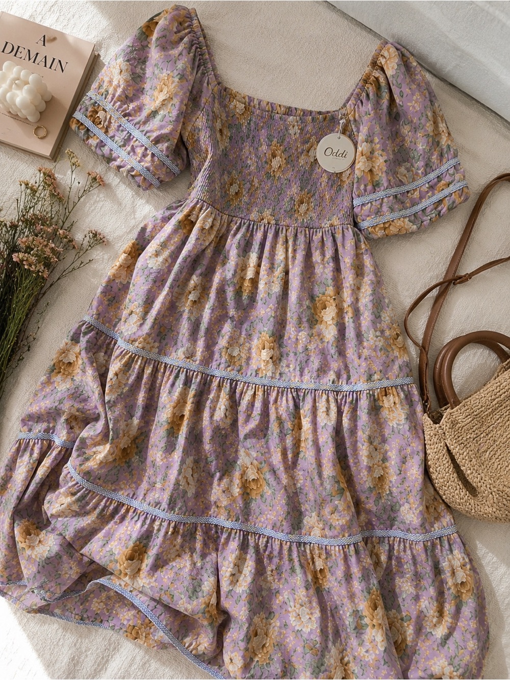 Oddi Los Angeles | Floral Smocked Cotton Maxi Dress Cottagecore Puff Sleeve 2XL - Picture 2 of 7